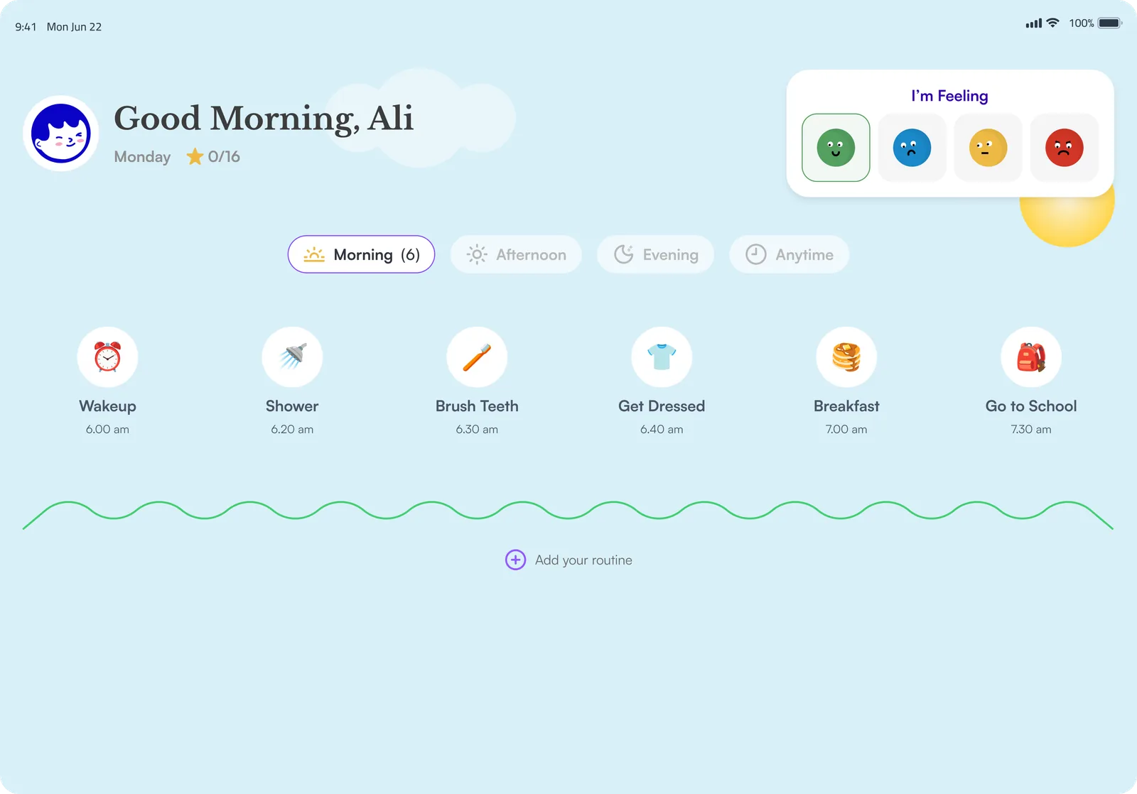 The My Ally app showing a child’s morning routine: wake up, shower, brush teeth, get dressed, breakfast and go to school