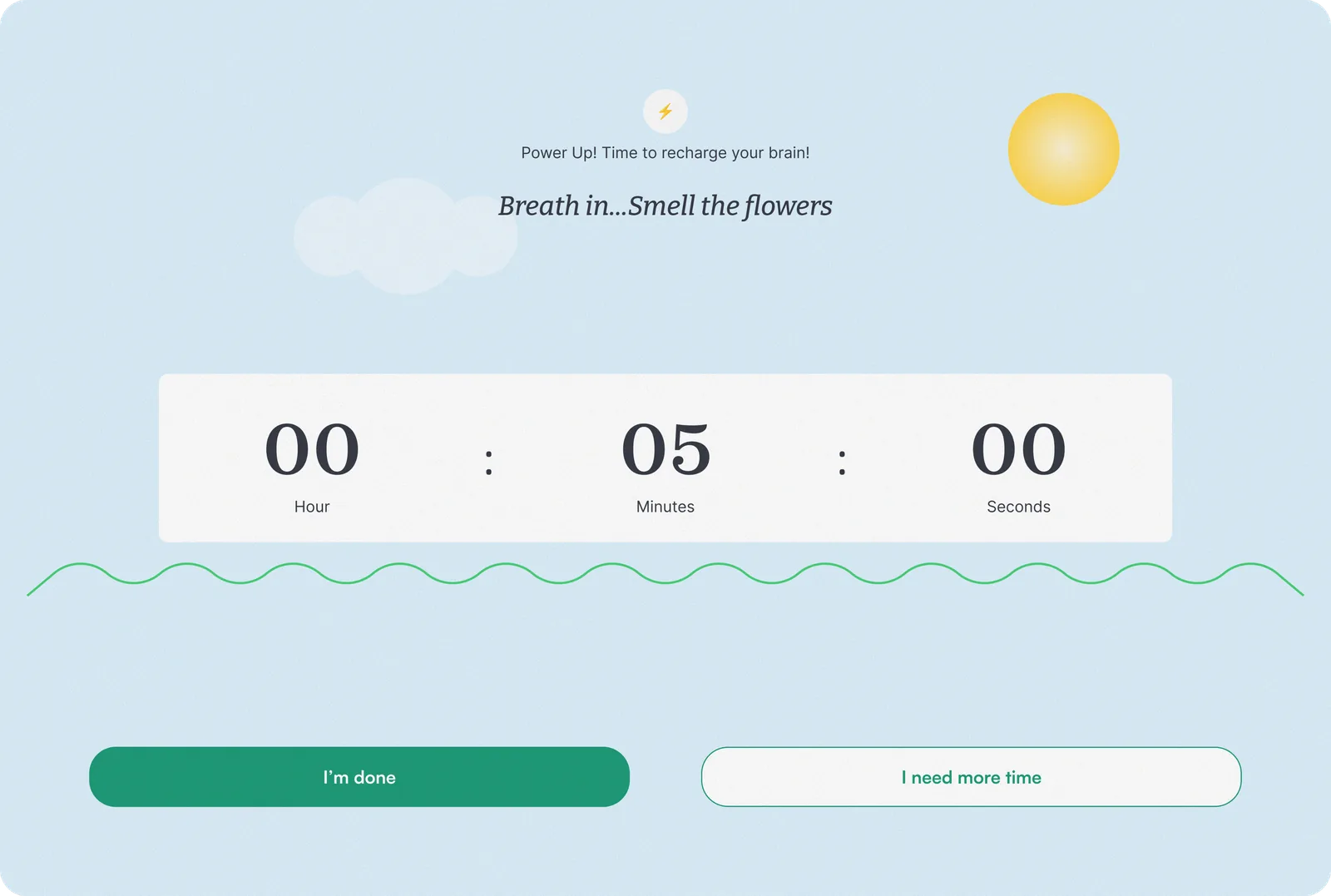 The My Ally breathing exercise screen with a five minute timer and a “Breath in… Smell the flowers” prompt